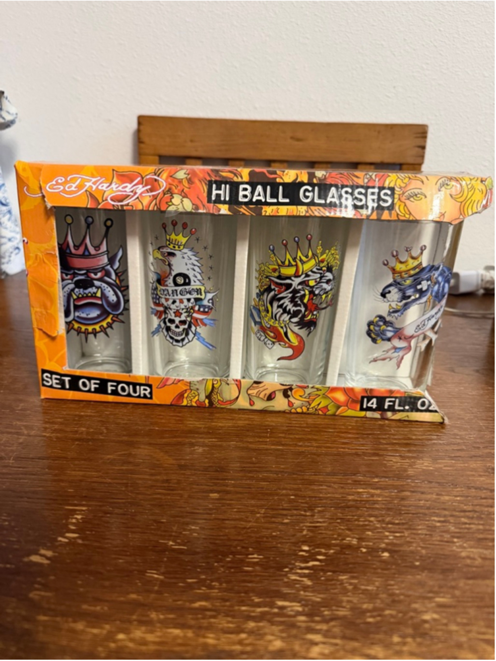 Ed Hardy Hi Ball Glasses Set of 4 14 Oz Don Ed Hardy Designs Tattoo Art w/ Box